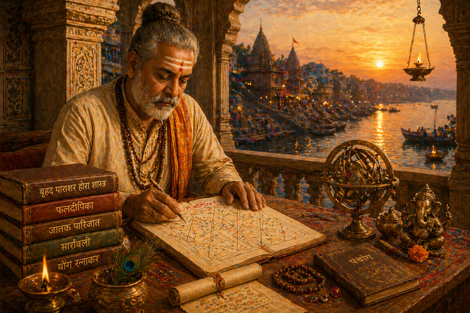 Acharya Shivendra Shastri at his desk overlooking Varanasi ghat